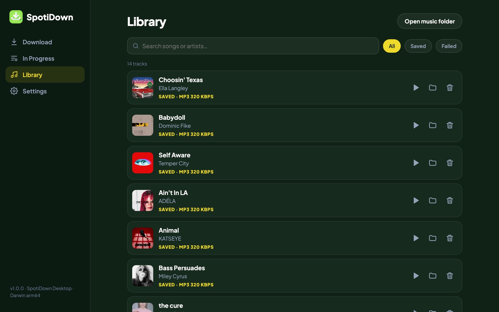 SpotiDown desktop library of saved 320kbps MP3 files