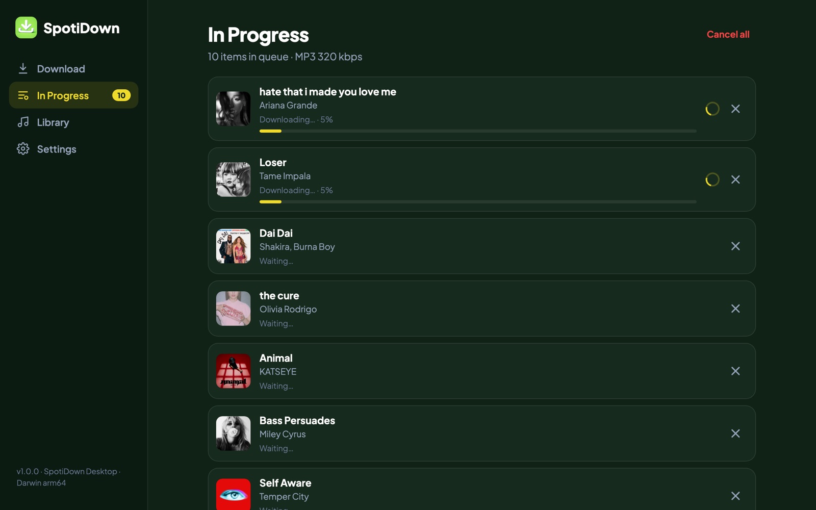SpotiDown desktop download queue with live progress